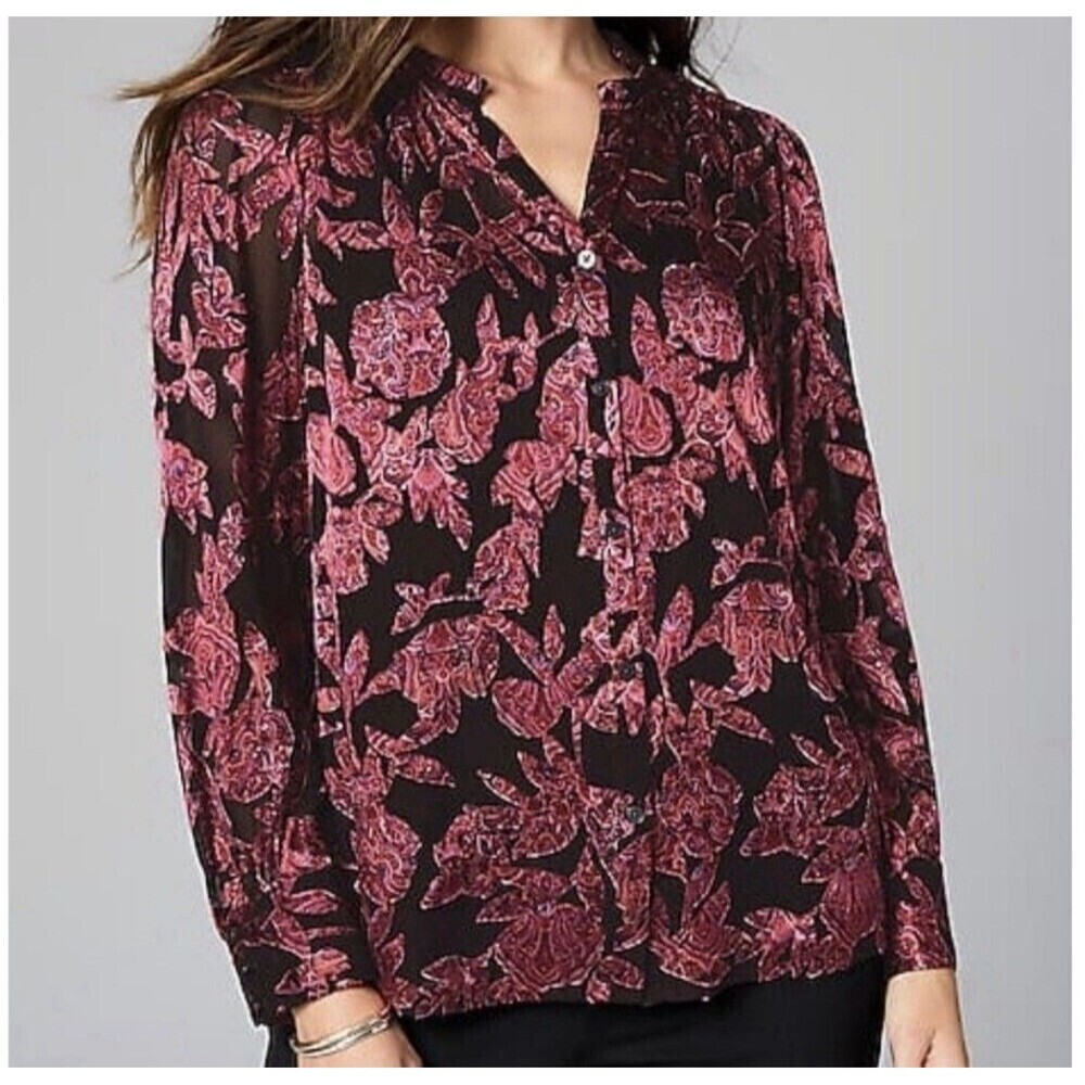 J. Jill Burnout Semi Sheer Top Womens Large Red Black Floral Button Long Sleeve - Picture 2 of 12